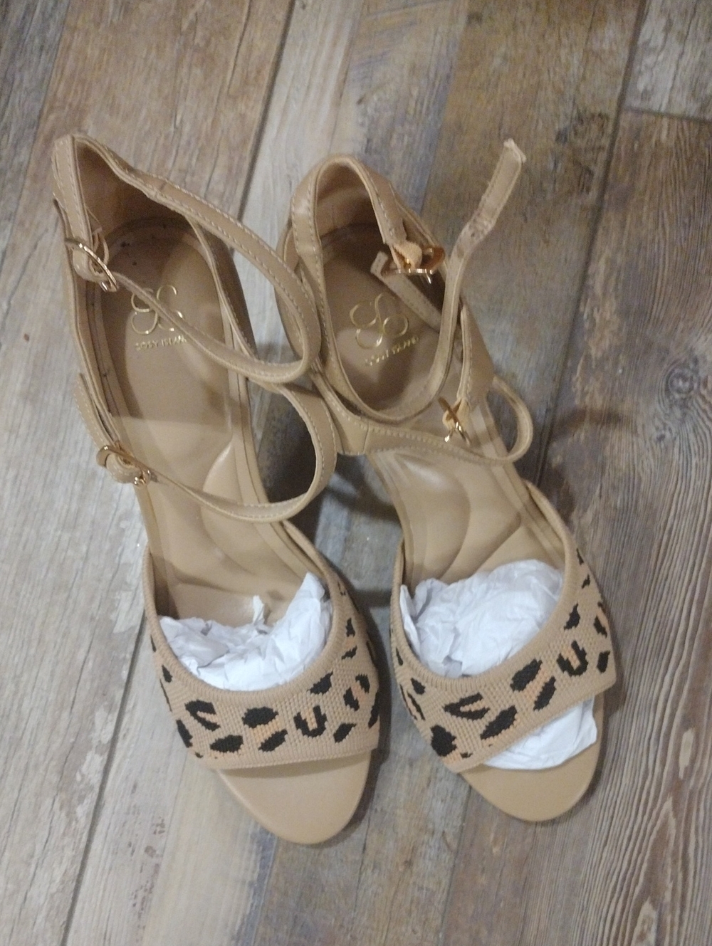 Cozy Idland Tan Leopard-Accent Ankle-Strap Heels